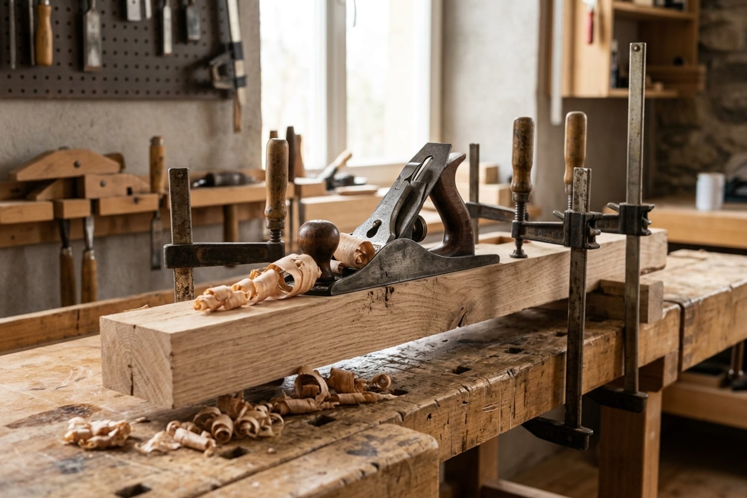 Plan photographié d’un établi et d’assemblages de menuiserie